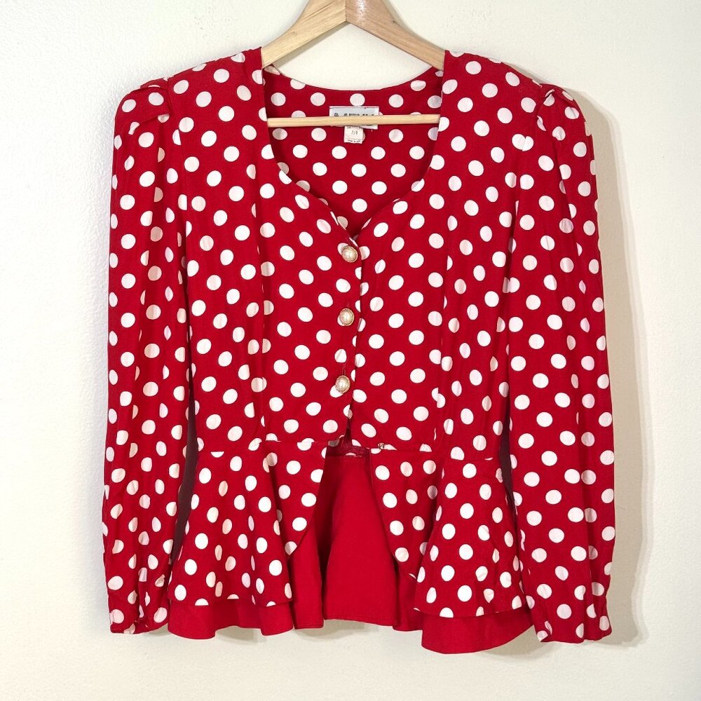 Vtg 80s MENU Polka Dot Peplum Blouse Puff Sleeves Sweetheart Red White Office